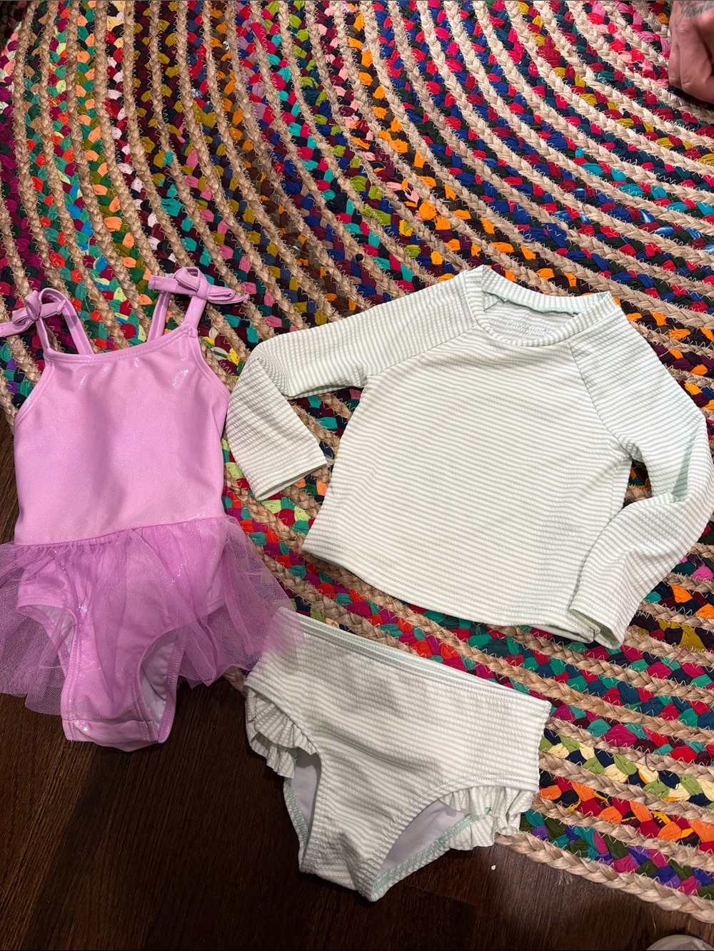 Cat & Jack Mint Green Striped Swim set and Purple iridescent tutu swimsuit -2T